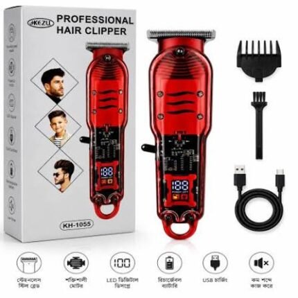 KEZU KH-1055 Professional Hair Clipper & Trimmer | Transparent Body with Digital LED Battery Display | Rechargeable Hair Cutting Machine | MNK SHOP