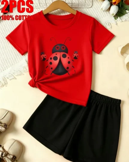 2-Piece Girls Summer Denim Set | Star-Eyed Smiley White T-Shirt with Rainbow Denim Shorts | MNK SHOP